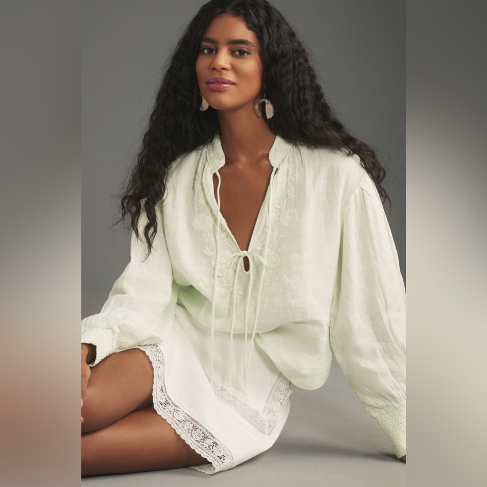 By Anthropologie Linen Long-Sleeve Blouse Mint NWT Size Large Petite